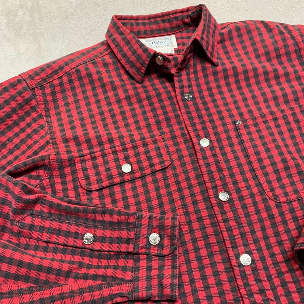 VTG Polo Ralph Lauren Buffalo Red Black Flannel Shirt Mens L Heavy Workwear‎